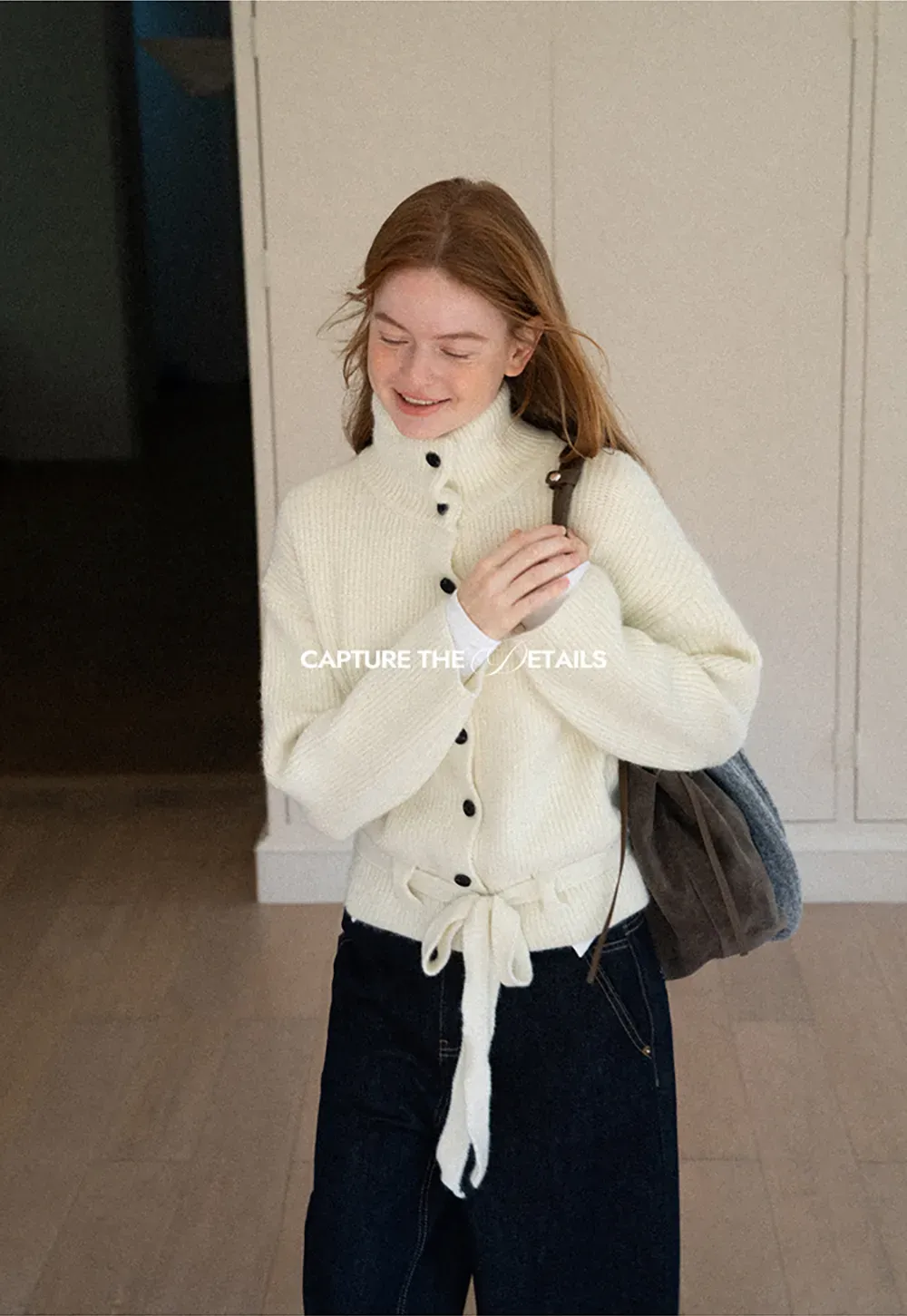 High Neck Ribbed Knit Cardigan with Button Front and Tie Waist