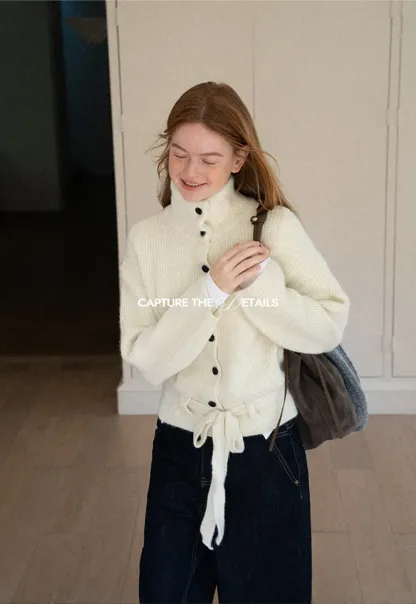 High Neck Ribbed Knit Cardigan with Button Front and Tie Waist