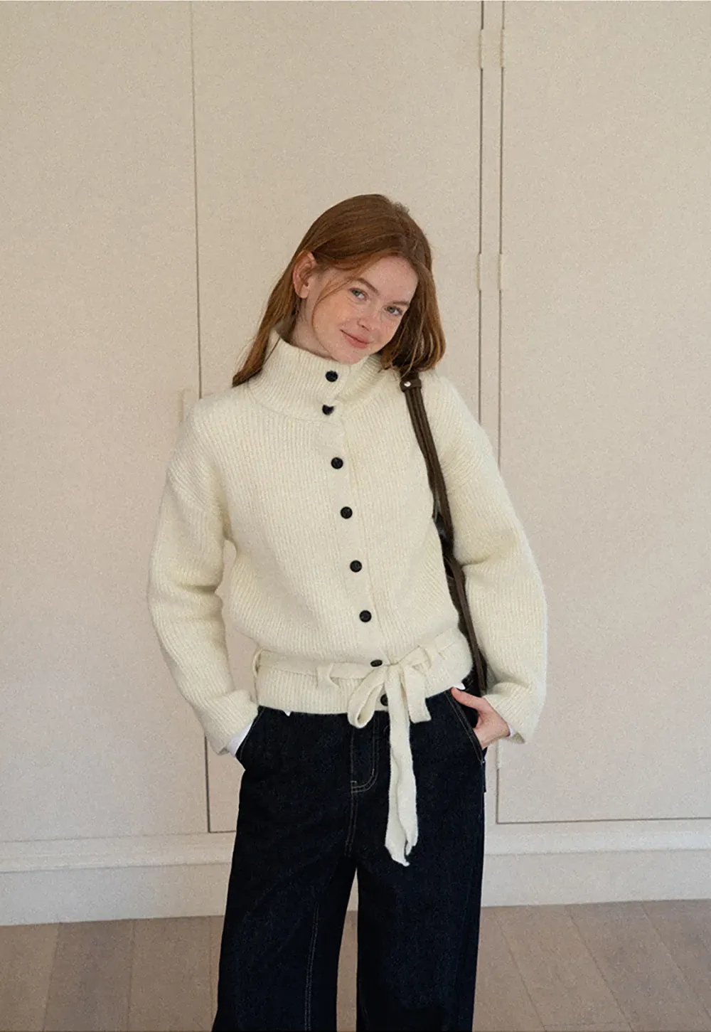 High Neck Ribbed Knit Cardigan with Button Front and Tie Waist