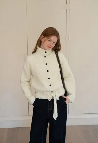 High Neck Ribbed Knit Cardigan with Button Front and Tie Waist