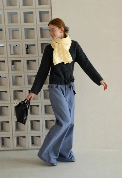 High Neck Ribbed Knit Cardigan with Button Front and Tie Waist