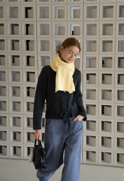 High Neck Ribbed Knit Cardigan with Button Front and Tie Waist