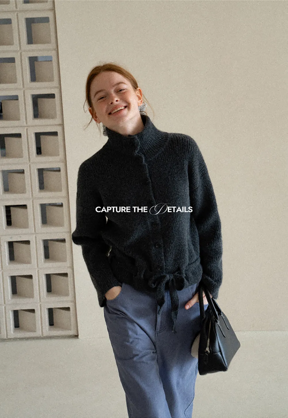 High Neck Ribbed Knit Cardigan with Button Front and Tie Waist