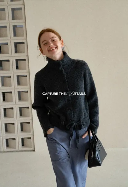 High Neck Ribbed Knit Cardigan with Button Front and Tie Waist