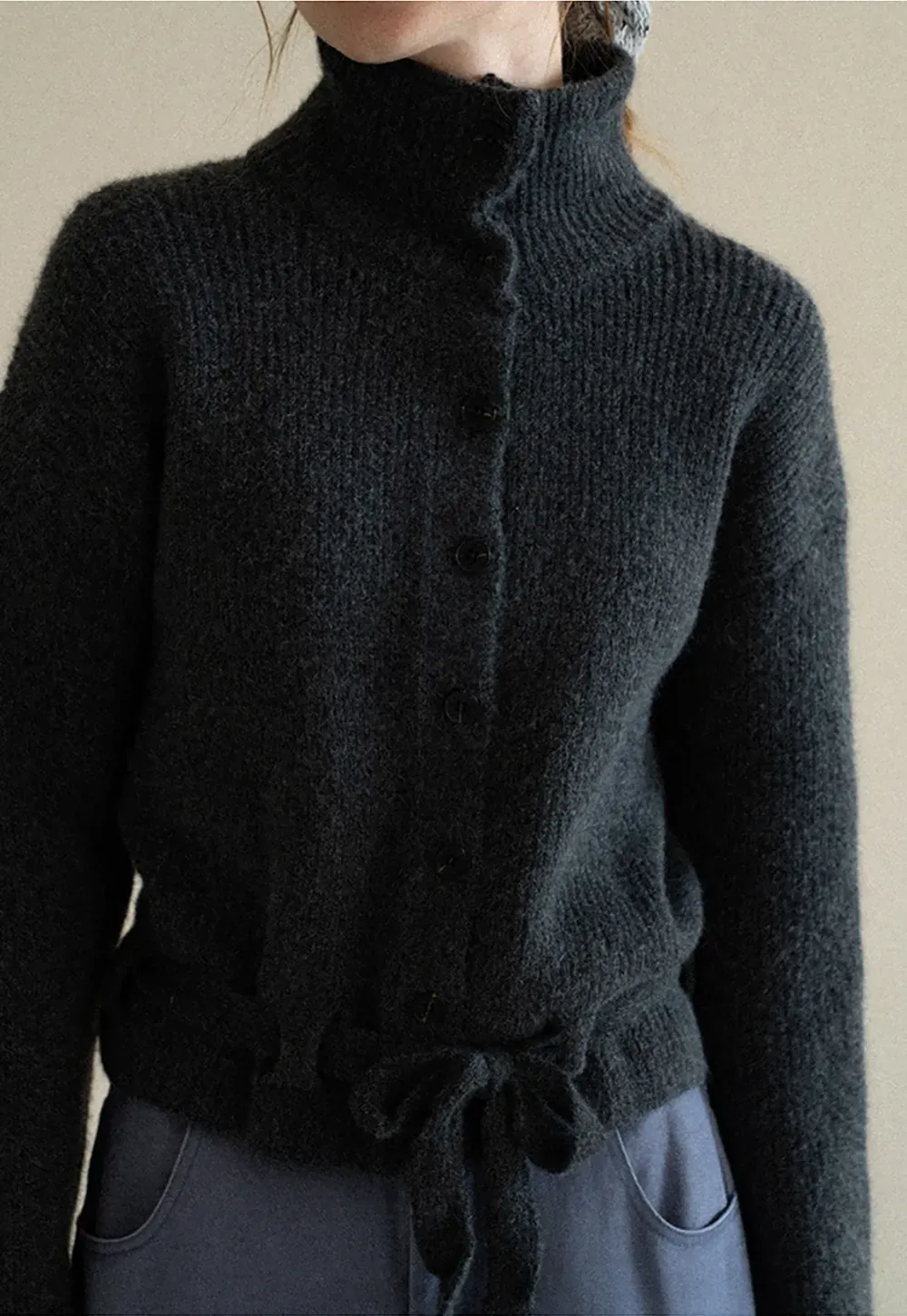 High Neck Ribbed Knit Cardigan with Button Front and Tie Waist