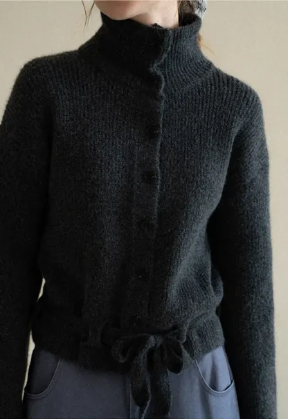 High Neck Ribbed Knit Cardigan with Button Front and Tie Waist