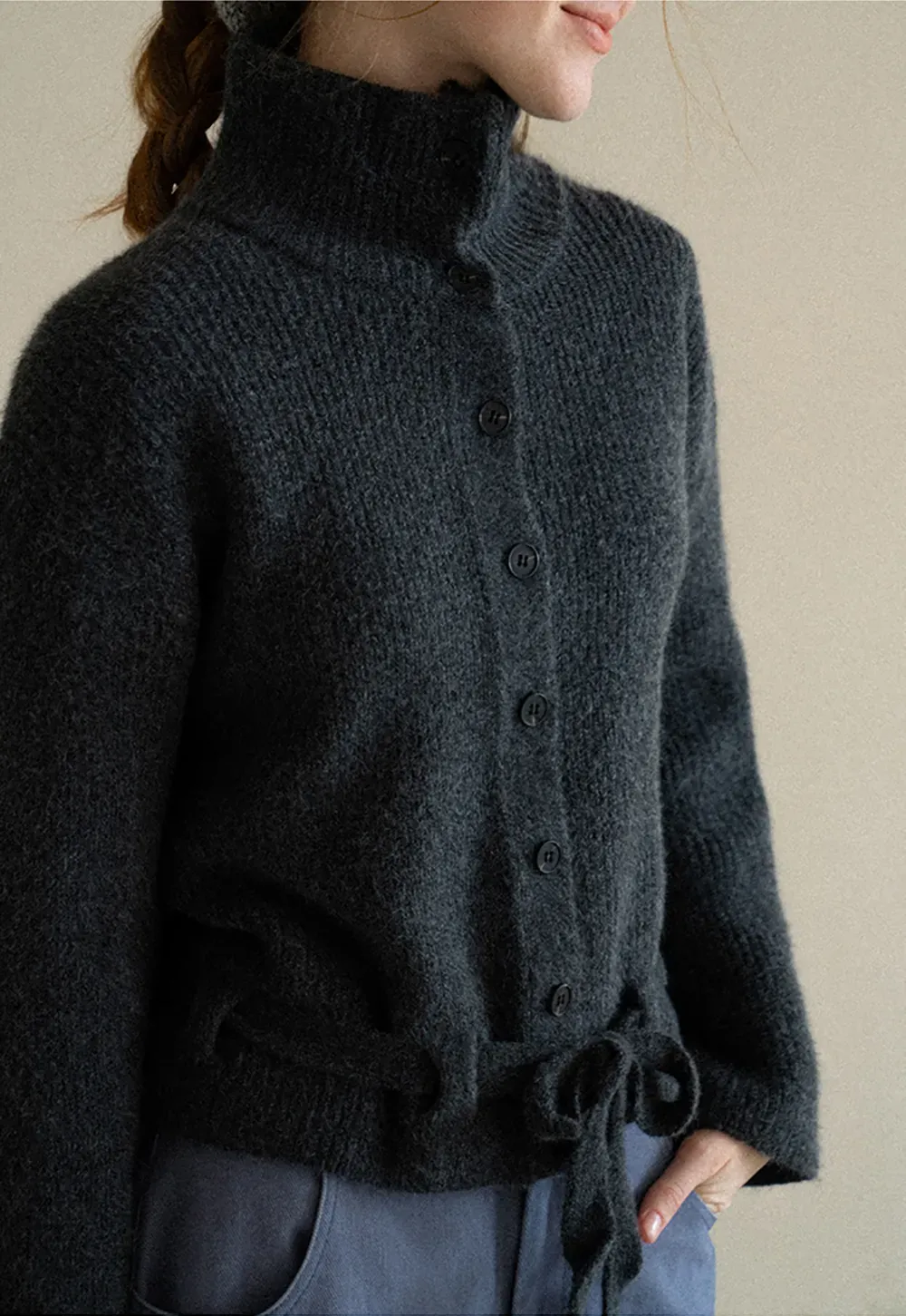 High Neck Ribbed Knit Cardigan with Button Front and Tie Waist