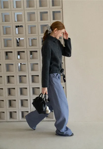 High Neck Ribbed Knit Cardigan with Button Front and Tie Waist