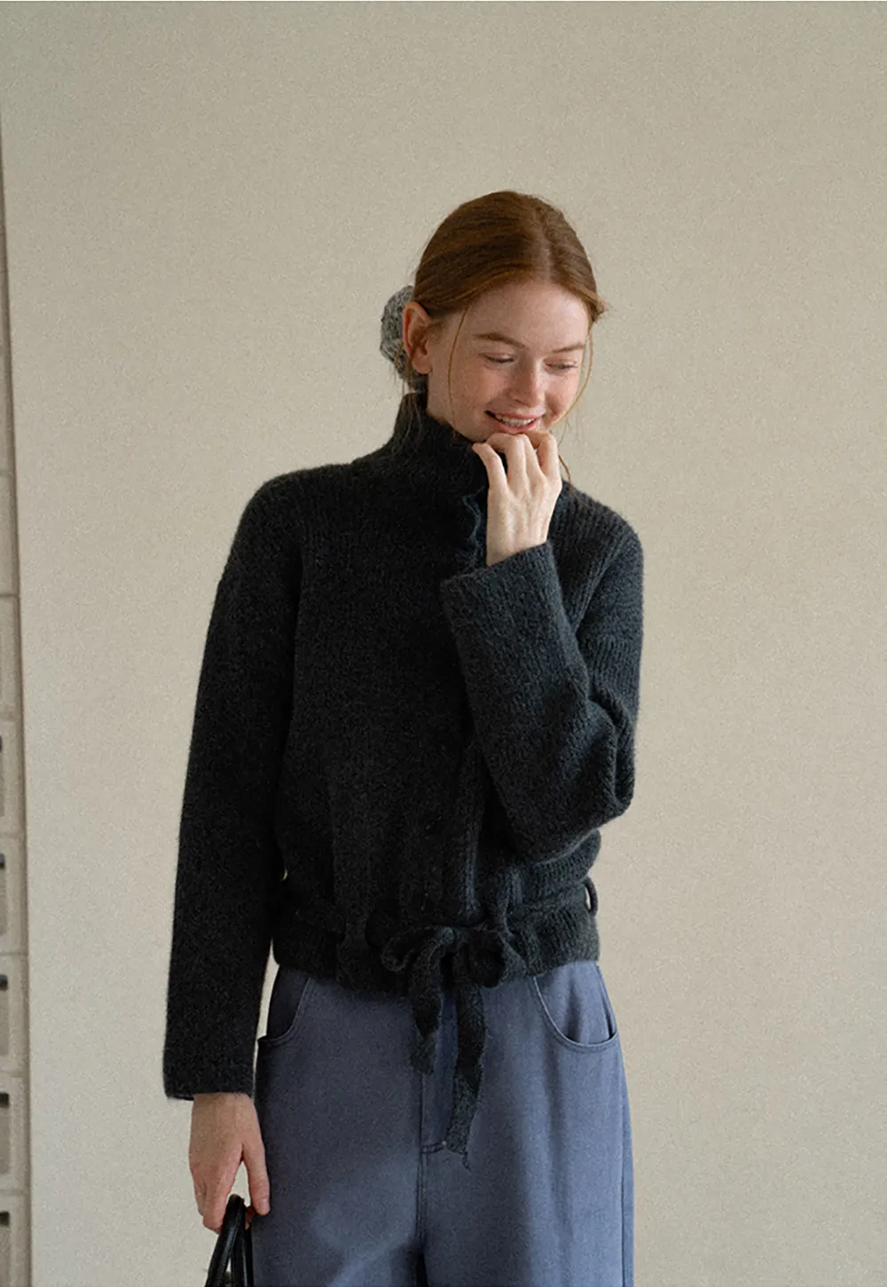 High Neck Ribbed Knit Cardigan with Button Front and Tie Waist
