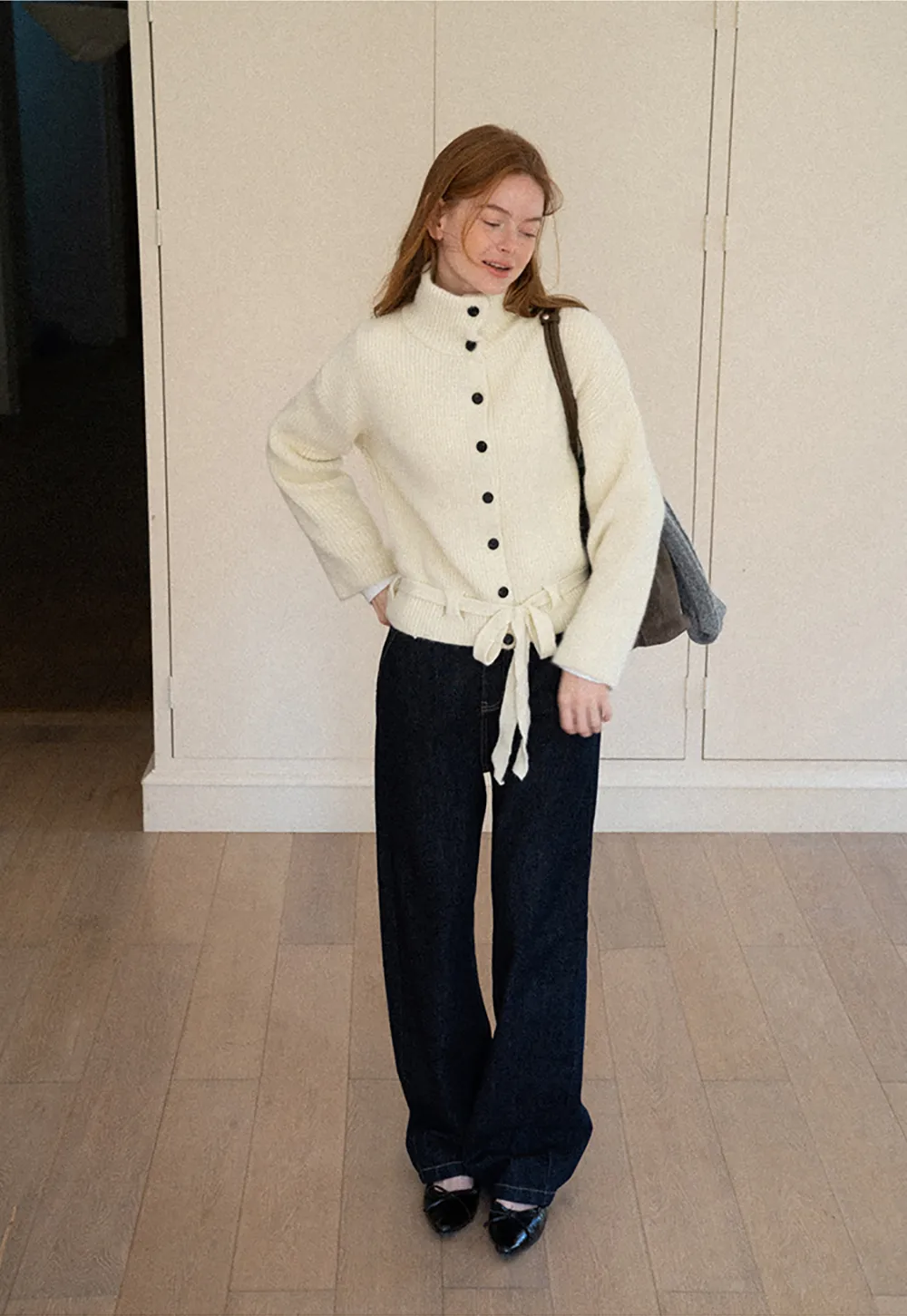 High Neck Ribbed Knit Cardigan with Button Front and Tie Waist