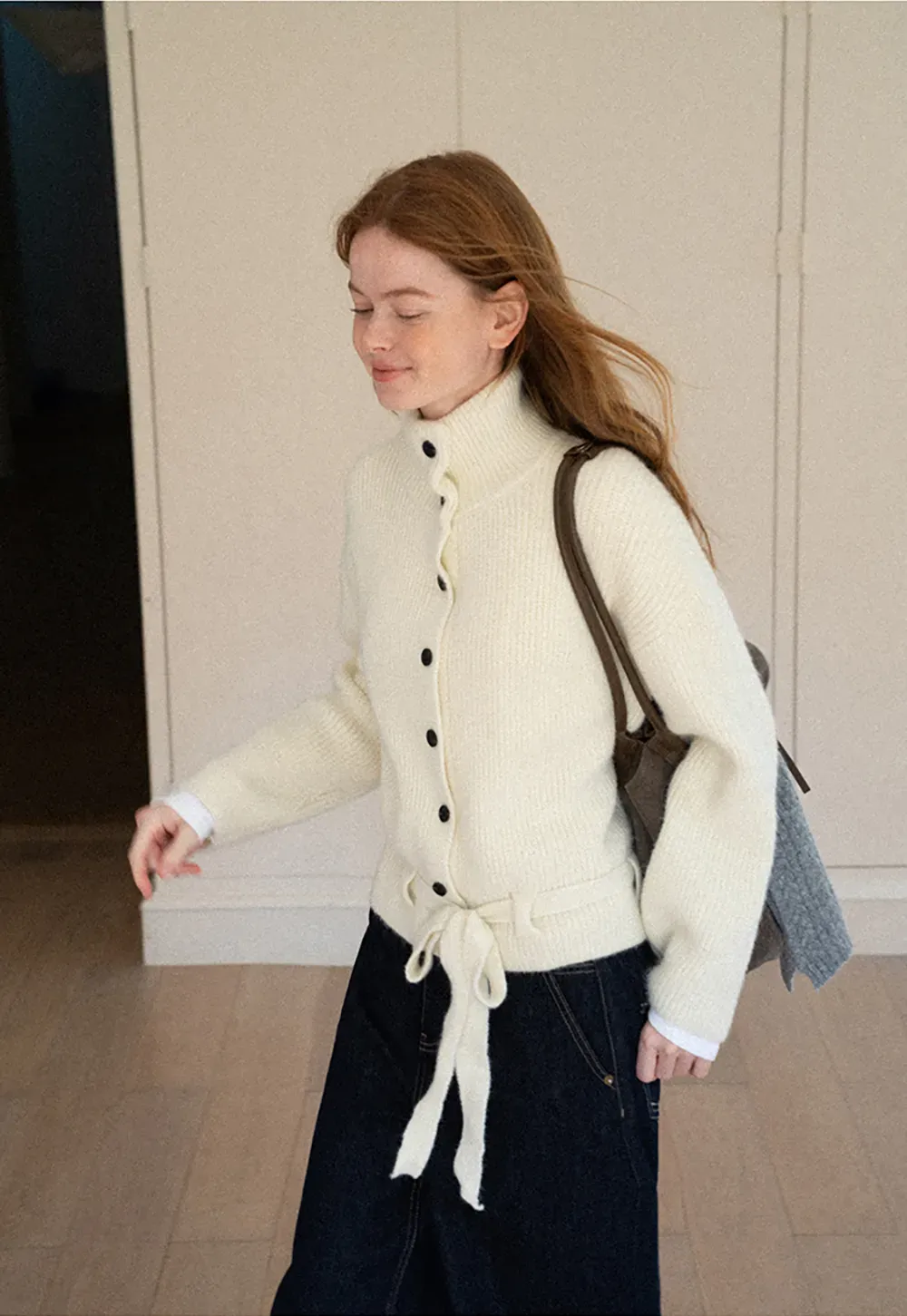 High Neck Ribbed Knit Cardigan with Button Front and Tie Waist