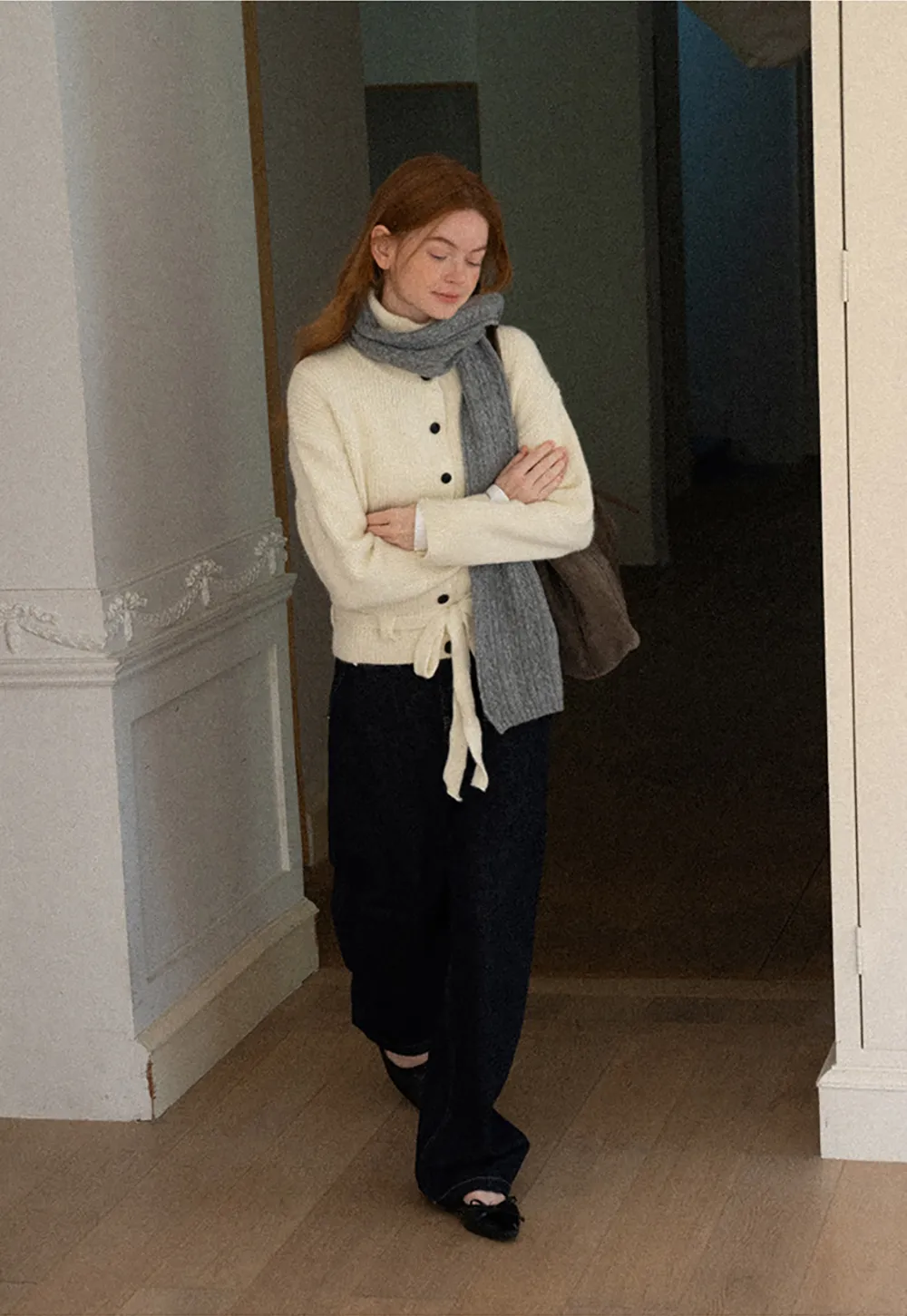 High Neck Ribbed Knit Cardigan with Button Front and Tie Waist