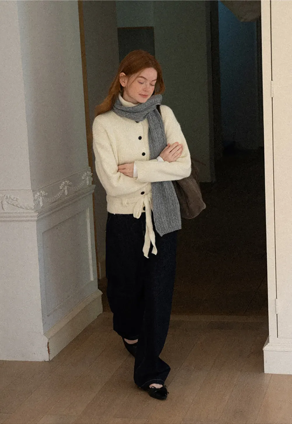 High Neck Ribbed Knit Cardigan with Button Front and Tie Waist