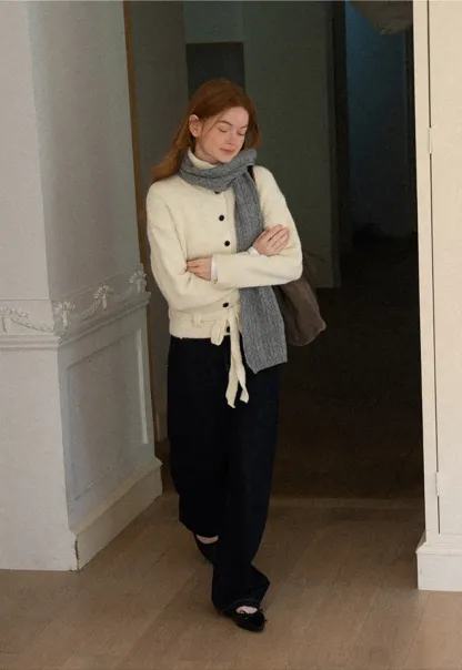 High Neck Ribbed Knit Cardigan with Button Front and Tie Waist