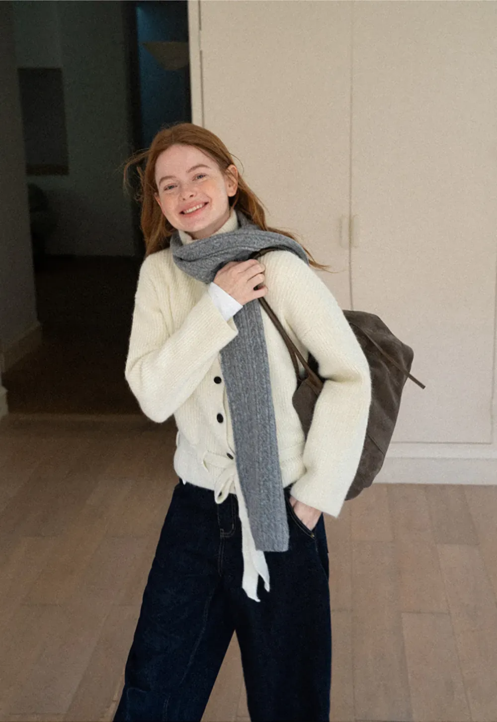 High Neck Ribbed Knit Cardigan with Button Front and Tie Waist