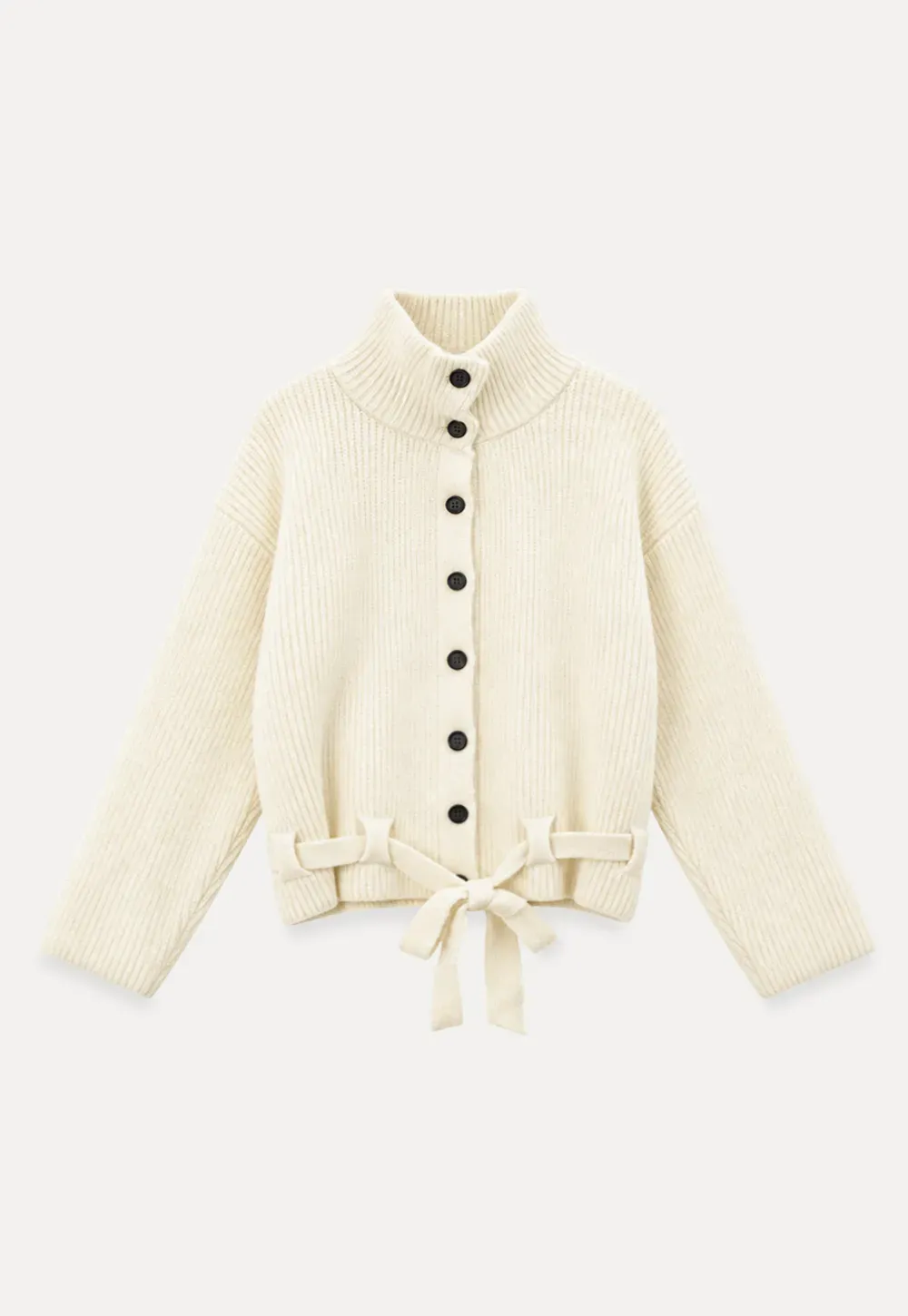 High Neck Ribbed Knit Cardigan with Button Front and Tie Waist