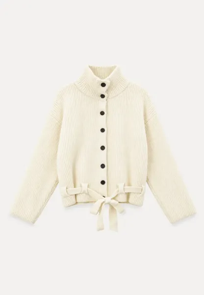 High Neck Ribbed Knit Cardigan with Button Front and Tie Waist