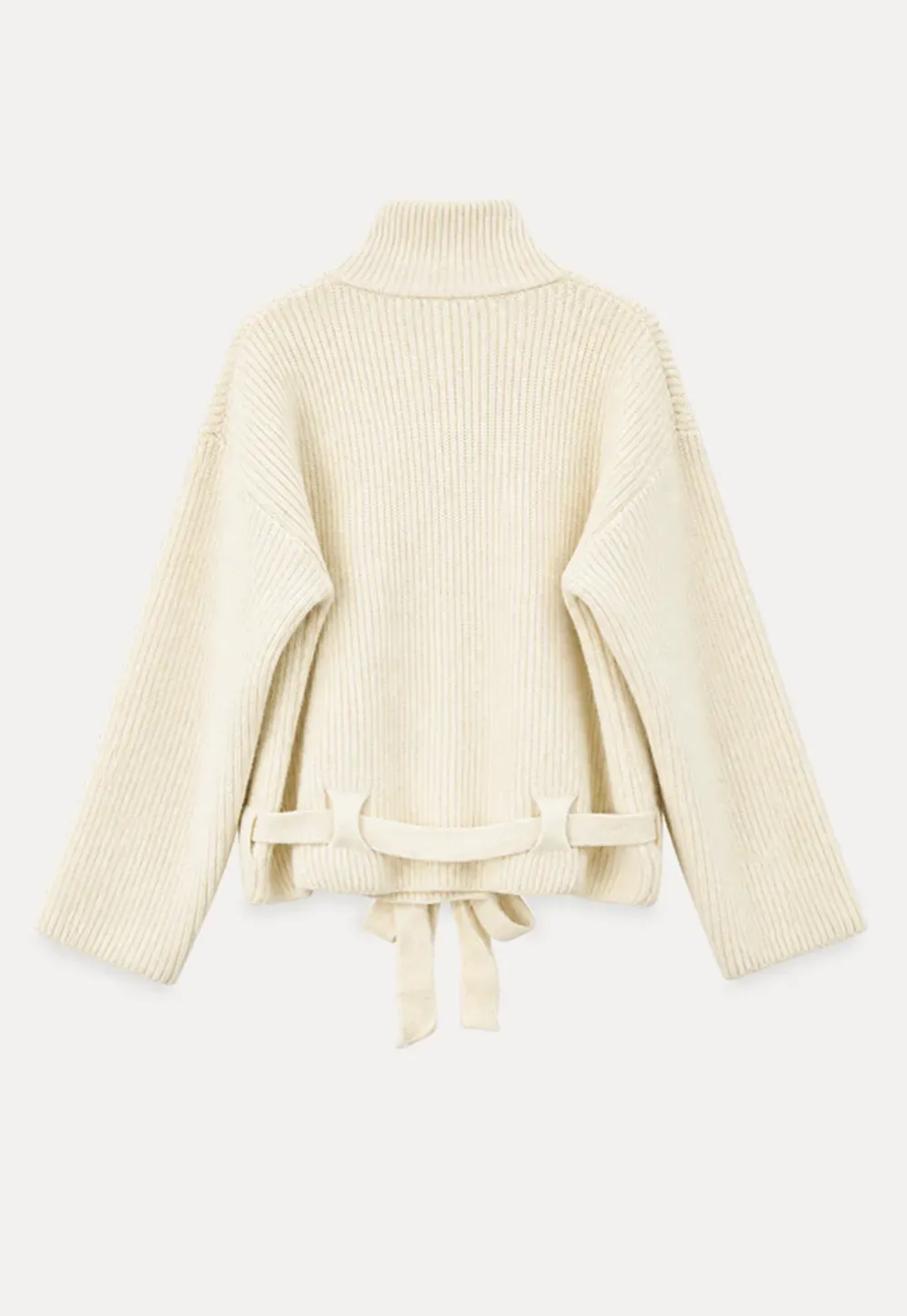 High Neck Ribbed Knit Cardigan with Button Front and Tie Waist