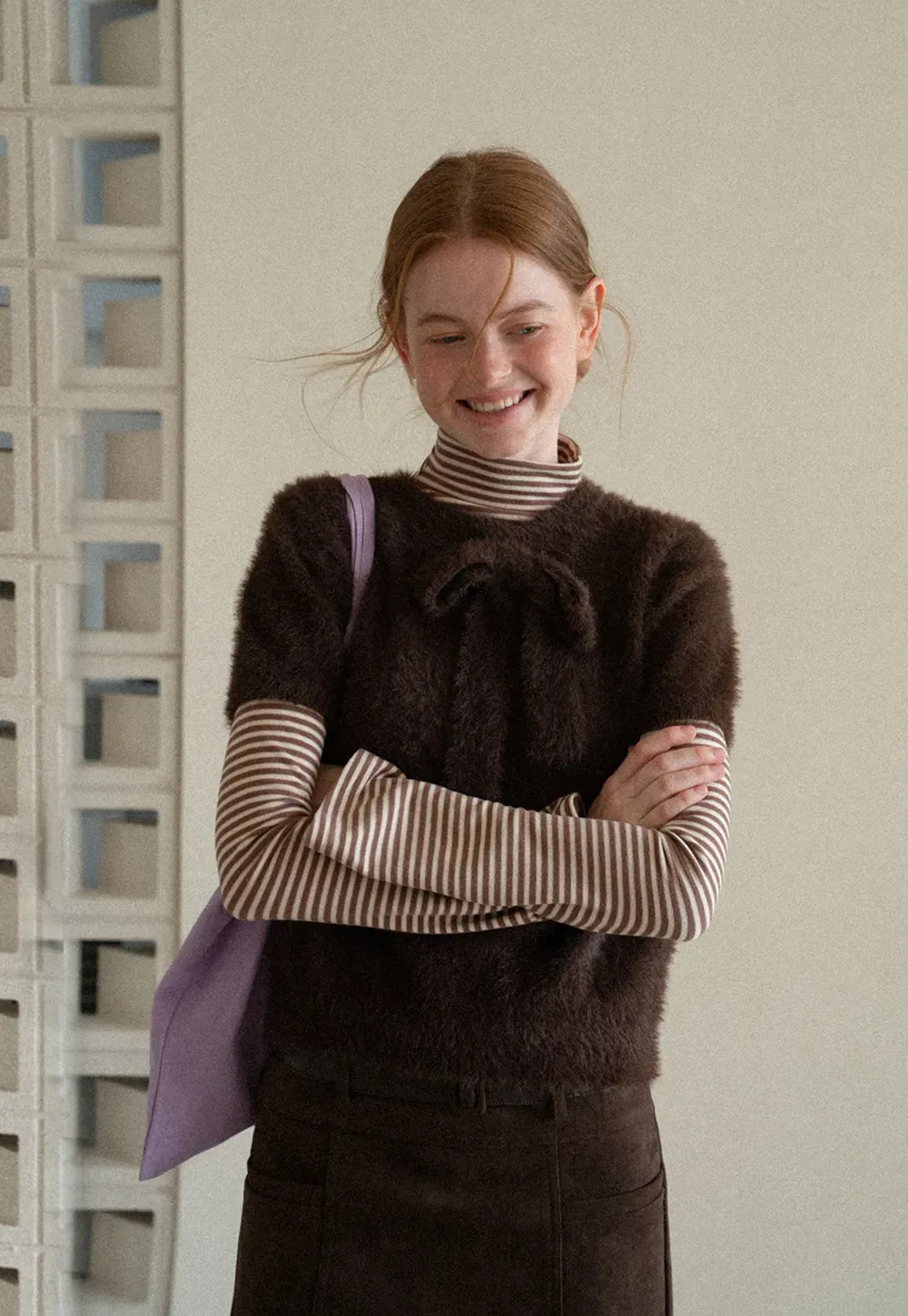 Fuzzy Bow Front Ribbed Turtleneck Sweater