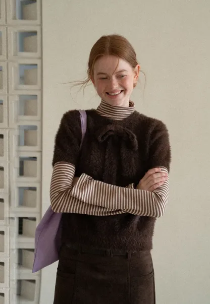 Fuzzy Bow Front Ribbed Turtleneck Sweater