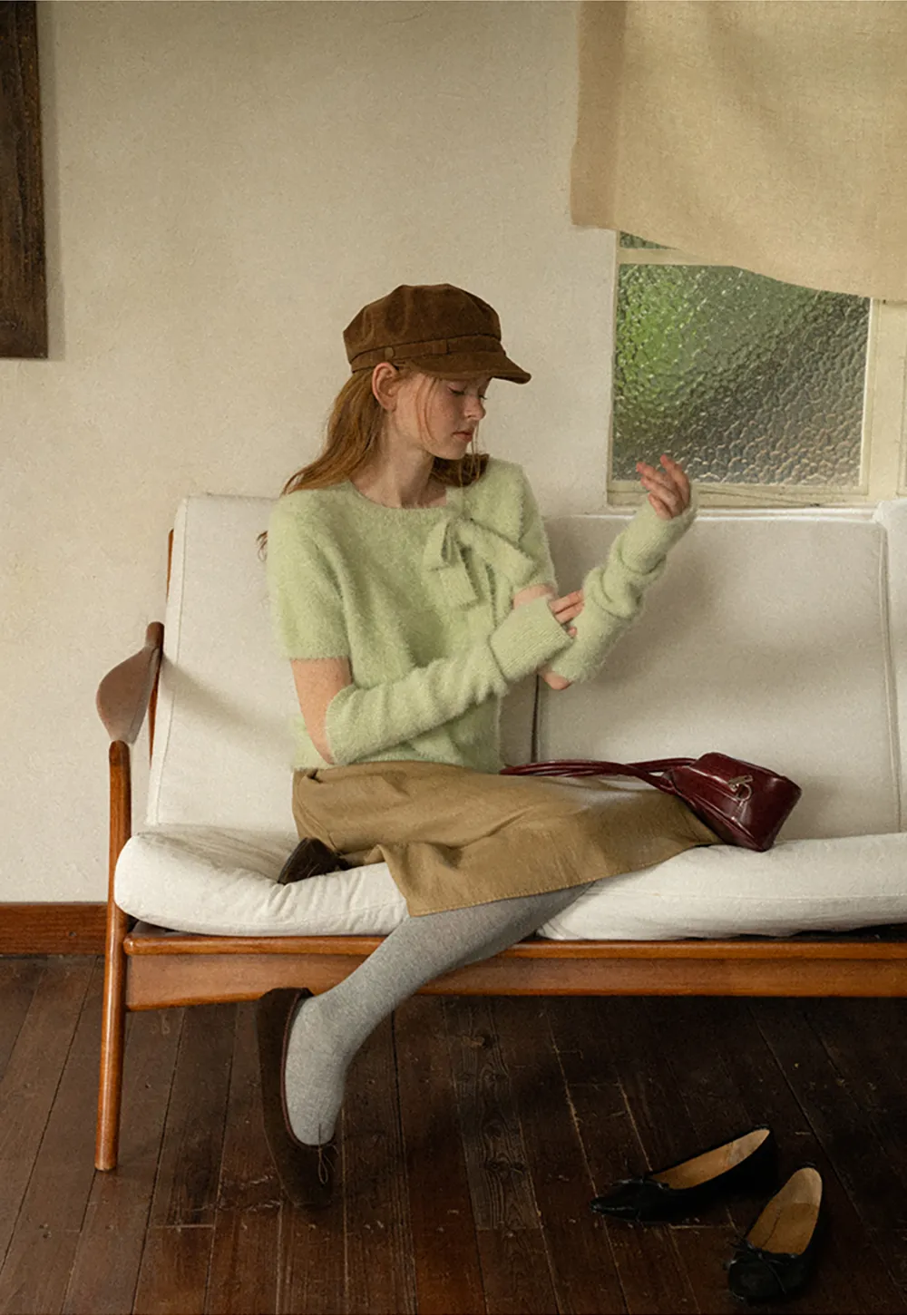 Fuzzy Bow Front Ribbed Turtleneck Sweater