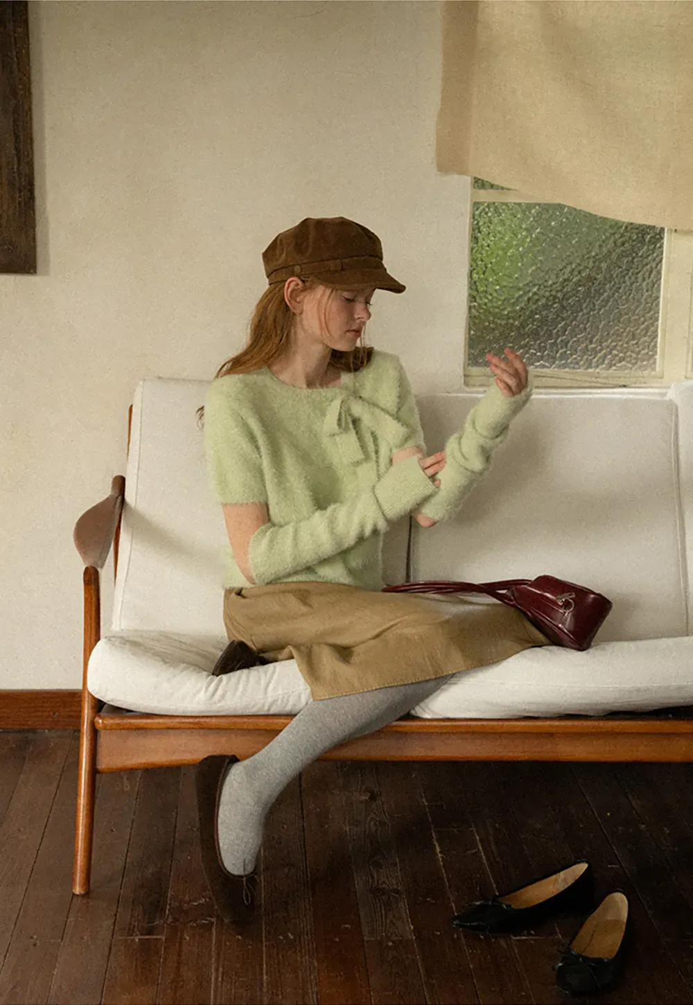 Fuzzy Bow Front Ribbed Turtleneck Sweater