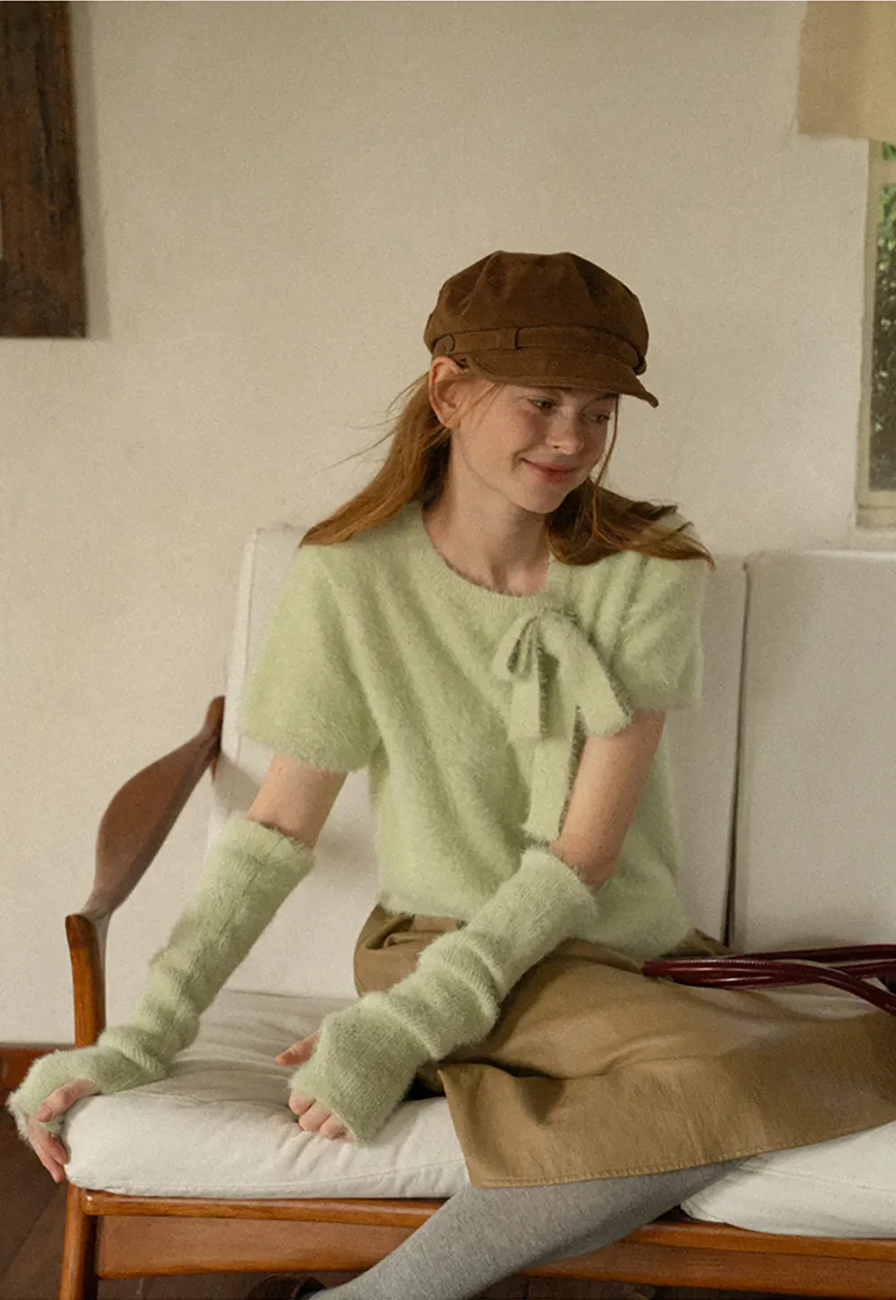 Fuzzy Bow Front Ribbed Turtleneck Sweater