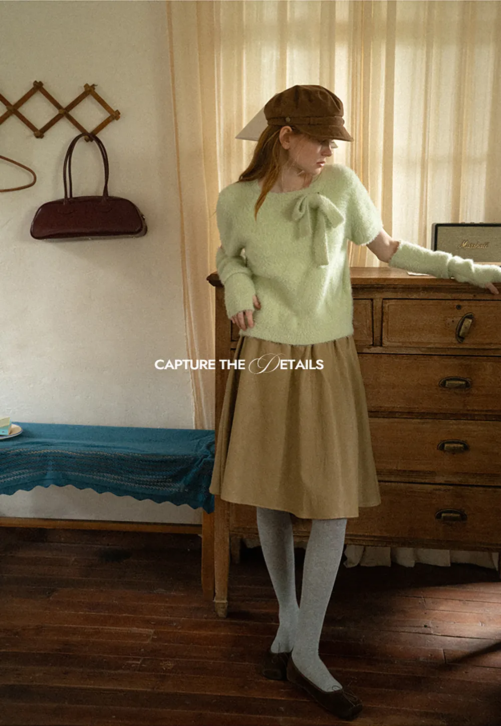 Fuzzy Bow Front Ribbed Turtleneck Sweater