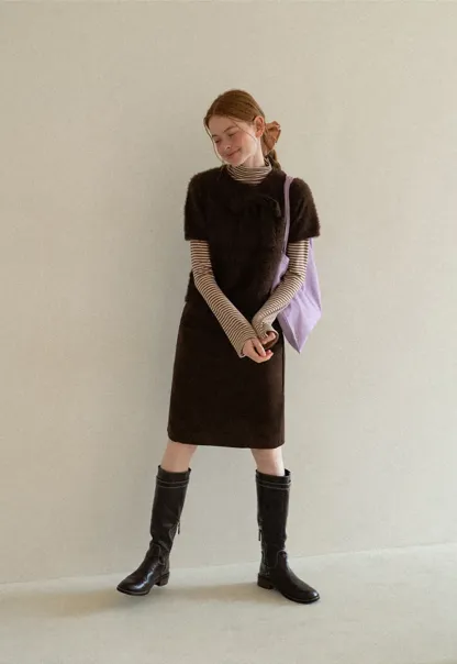 Fuzzy Bow Front Ribbed Turtleneck Sweater