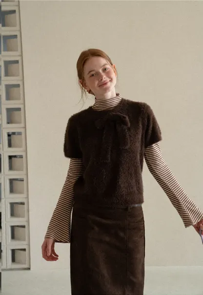 Fuzzy Bow Front Ribbed Turtleneck Sweater