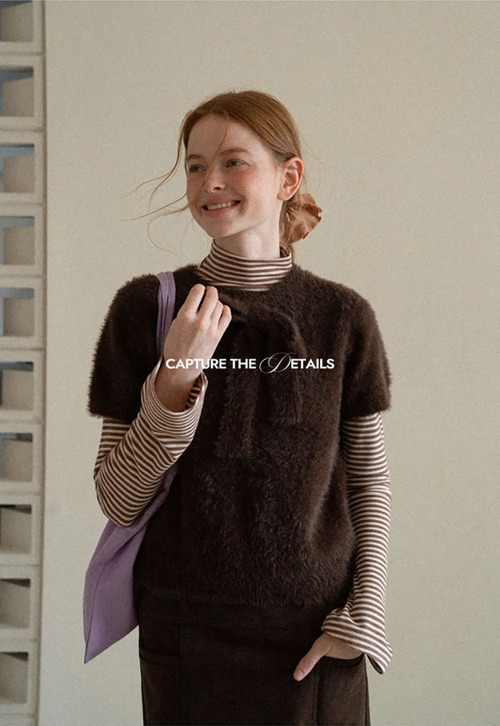 Fuzzy Bow Front Ribbed Turtleneck Sweater