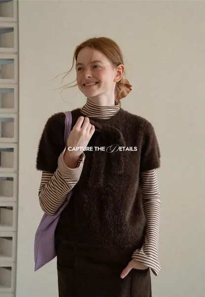 Fuzzy Bow Front Ribbed Turtleneck Sweater