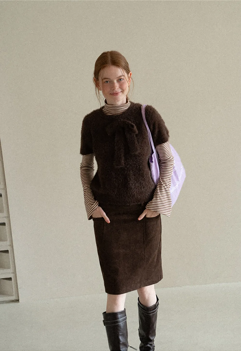 Fuzzy Bow Front Ribbed Turtleneck Sweater