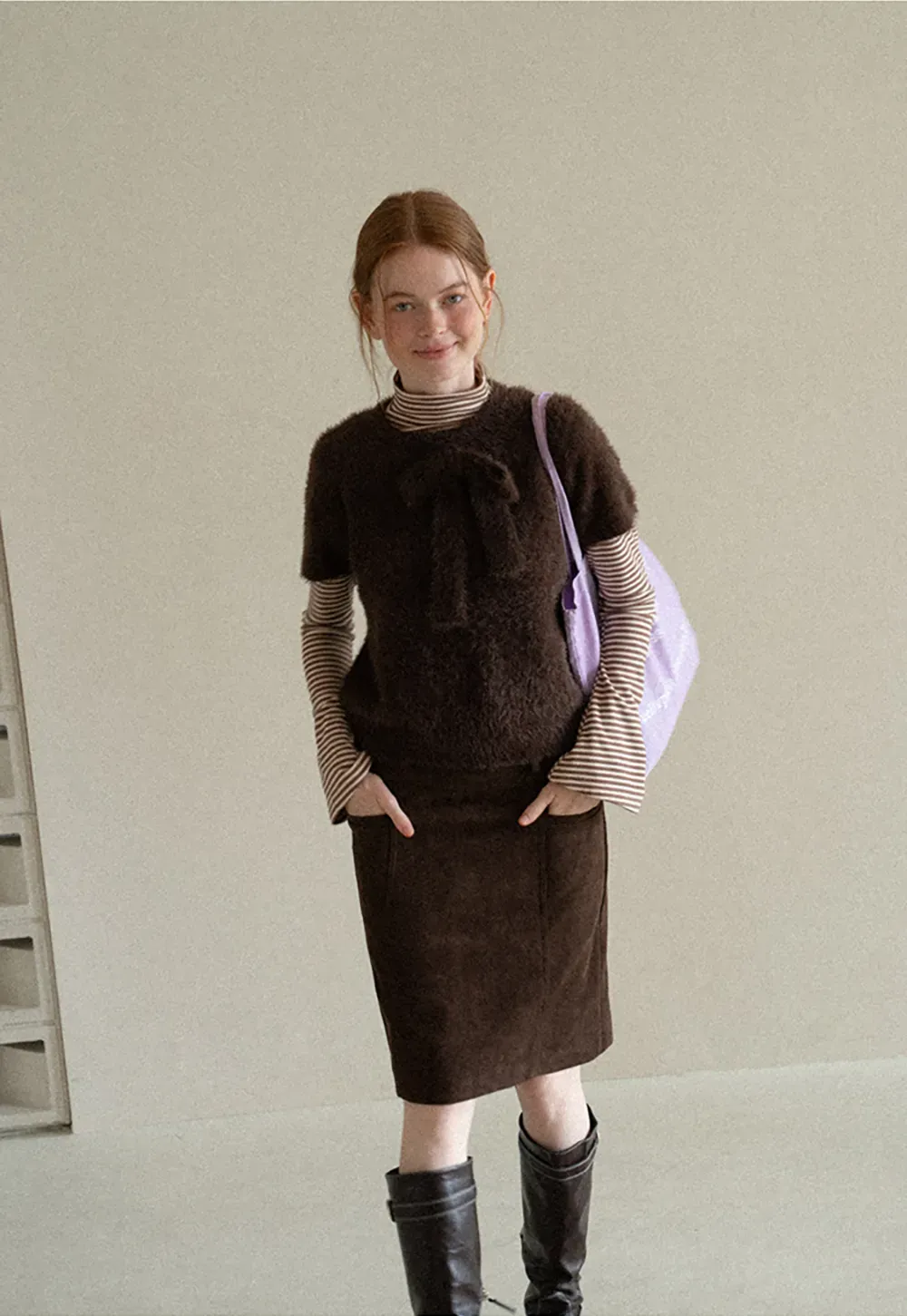 Fuzzy Bow Front Ribbed Turtleneck Sweater