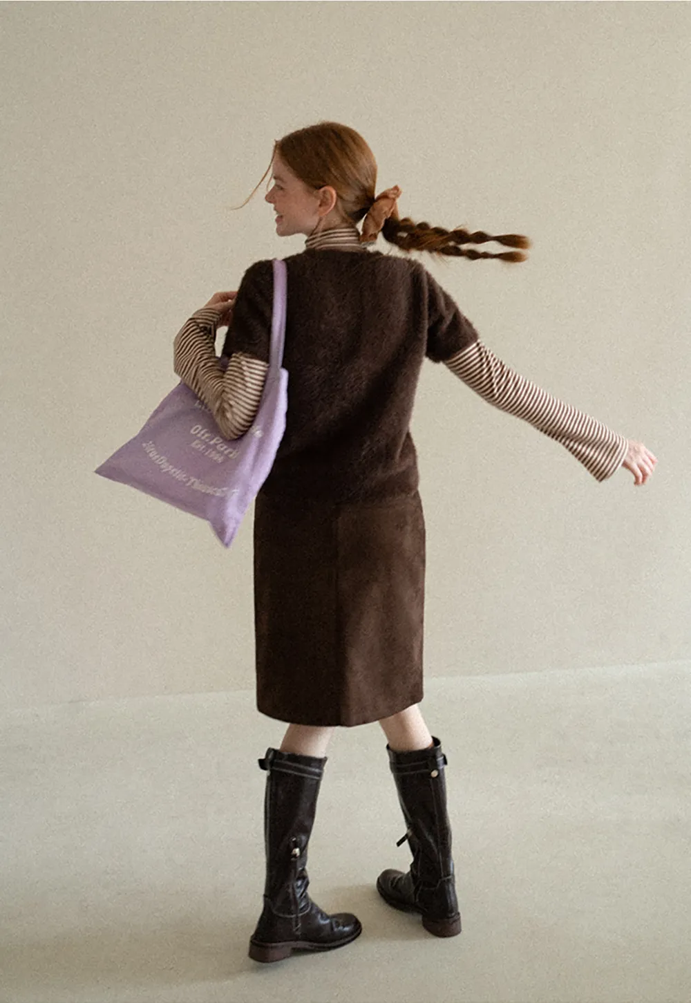 Fuzzy Bow Front Ribbed Turtleneck Sweater