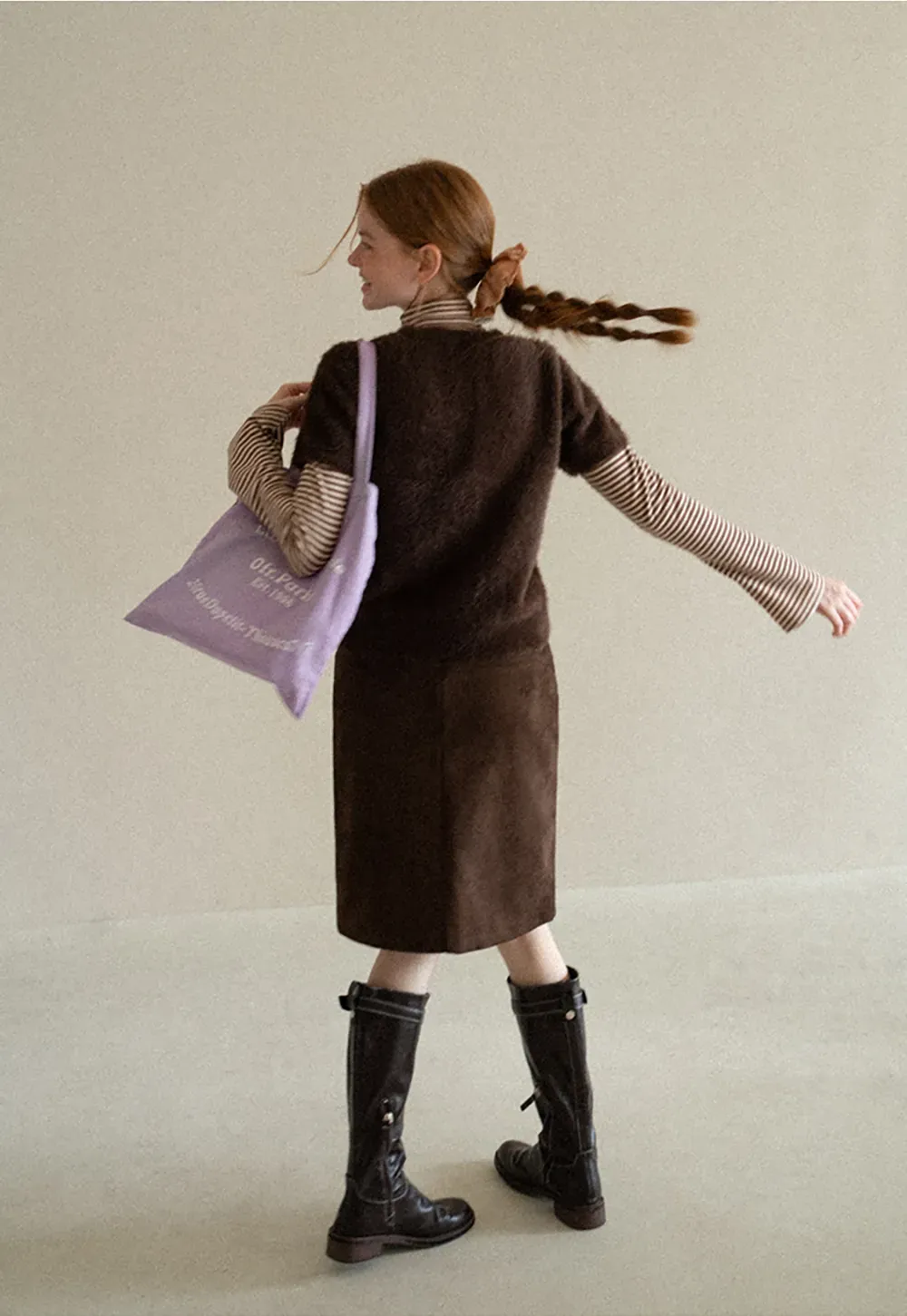 Fuzzy Bow Front Ribbed Turtleneck Sweater