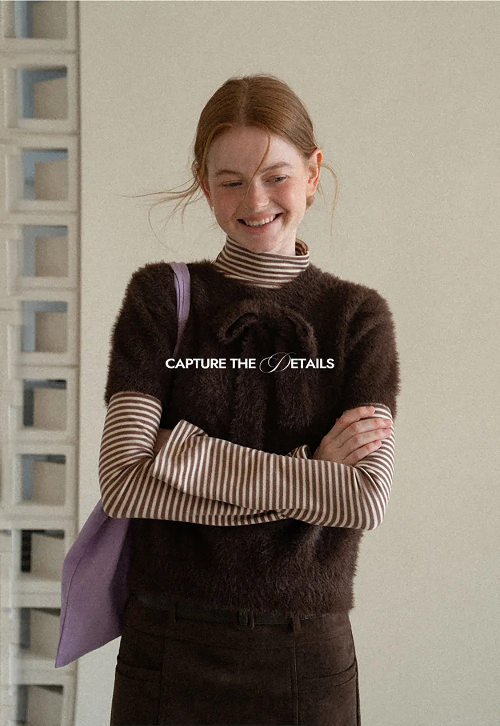 Fuzzy Bow Front Ribbed Turtleneck Sweater