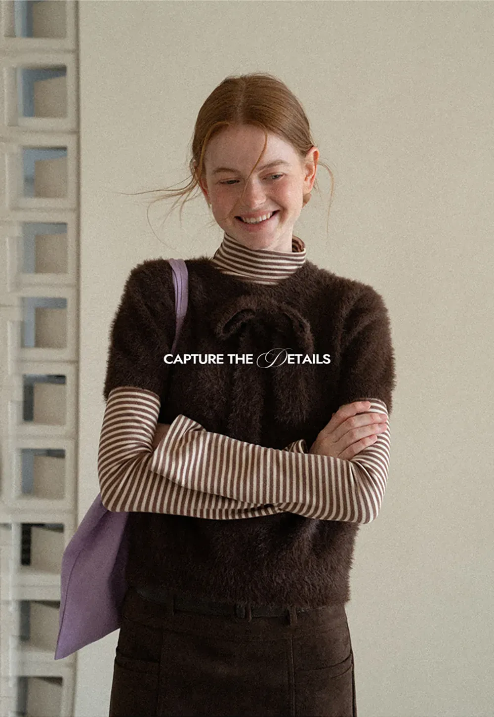 Fuzzy Bow Front Ribbed Turtleneck Sweater