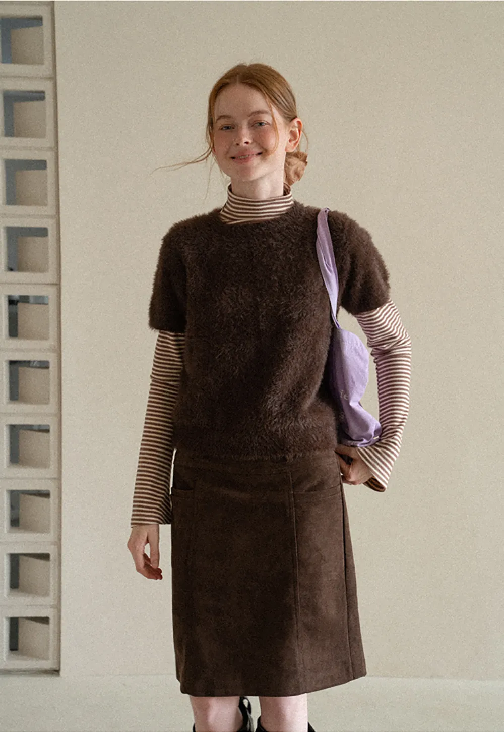 Fuzzy Bow Front Ribbed Turtleneck Sweater