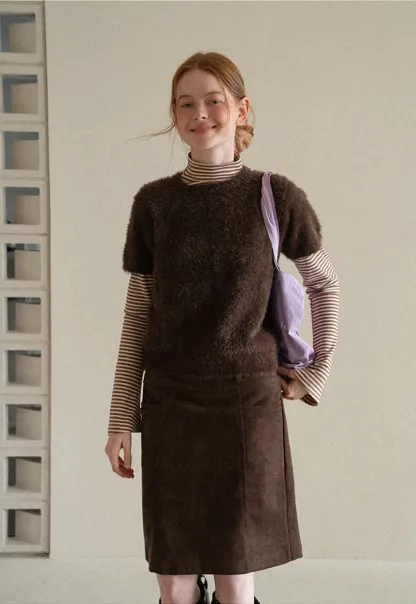 Fuzzy Bow Front Ribbed Turtleneck Sweater