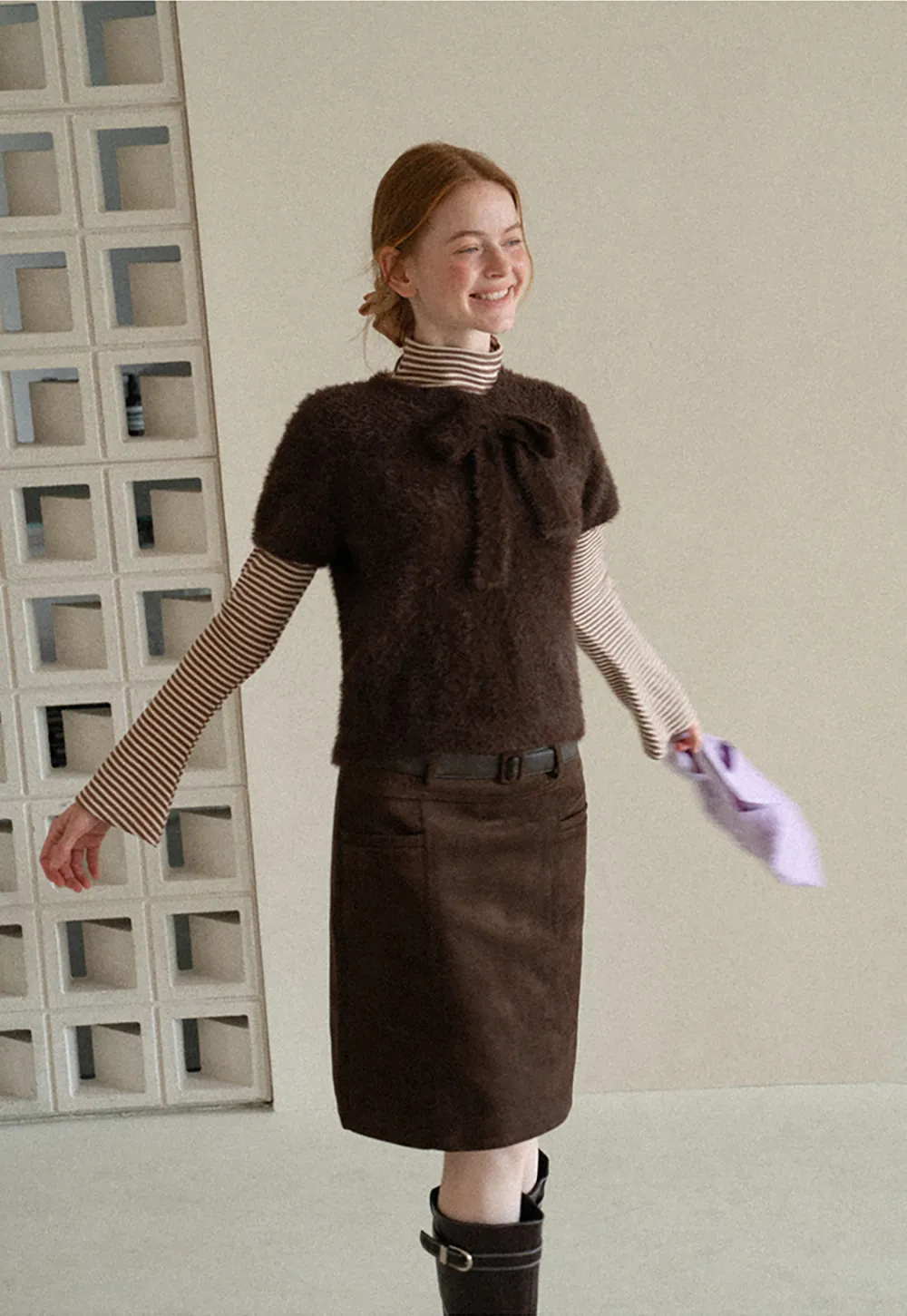 Fuzzy Bow Front Ribbed Turtleneck Sweater