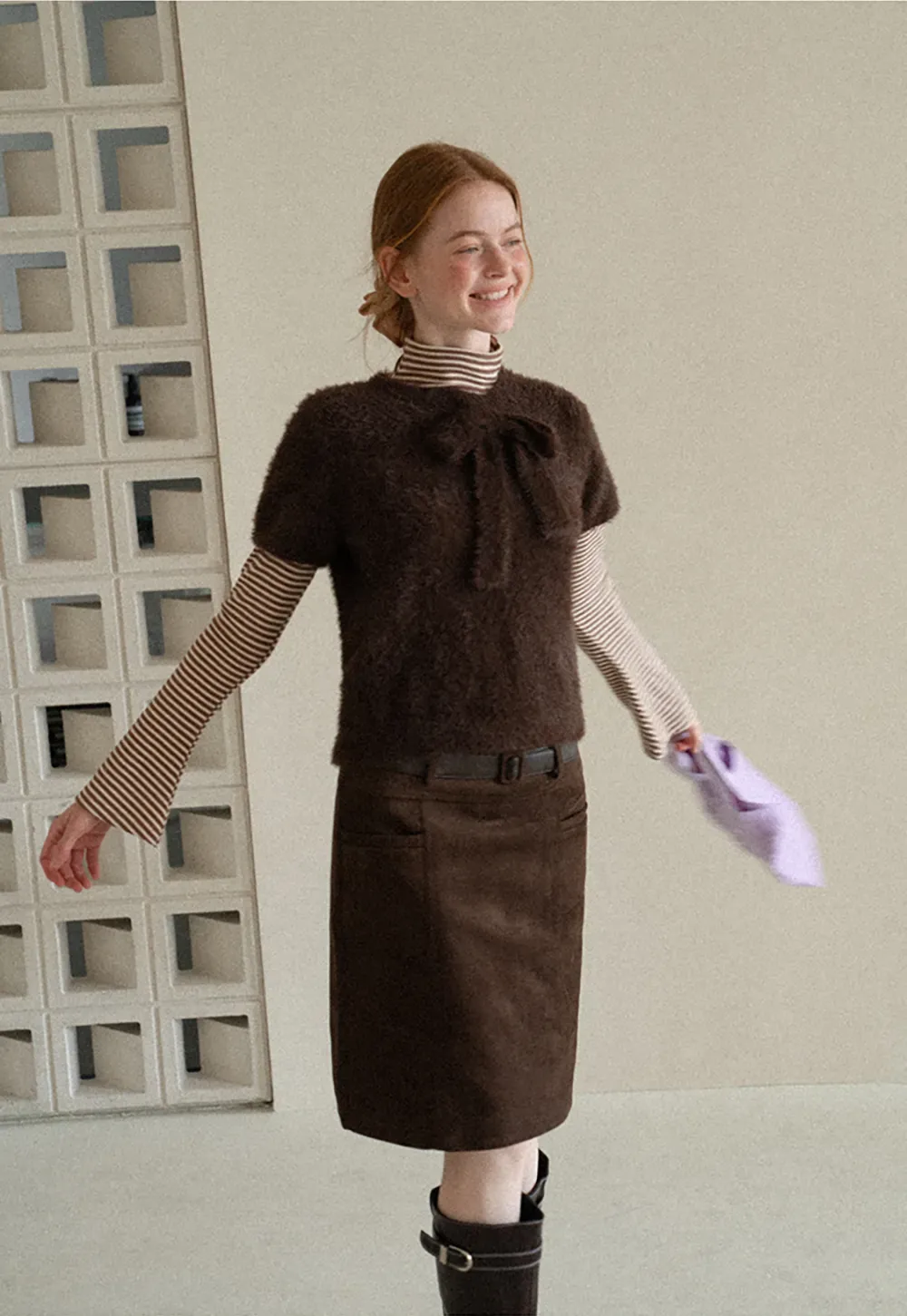 Fuzzy Bow Front Ribbed Turtleneck Sweater