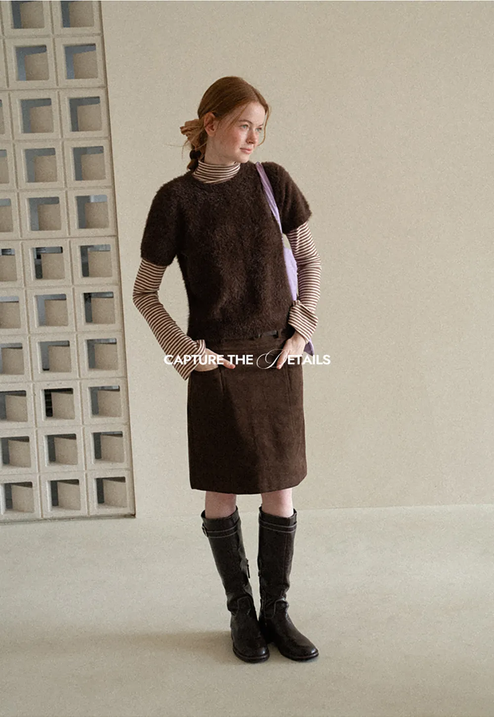 Fuzzy Bow Front Ribbed Turtleneck Sweater