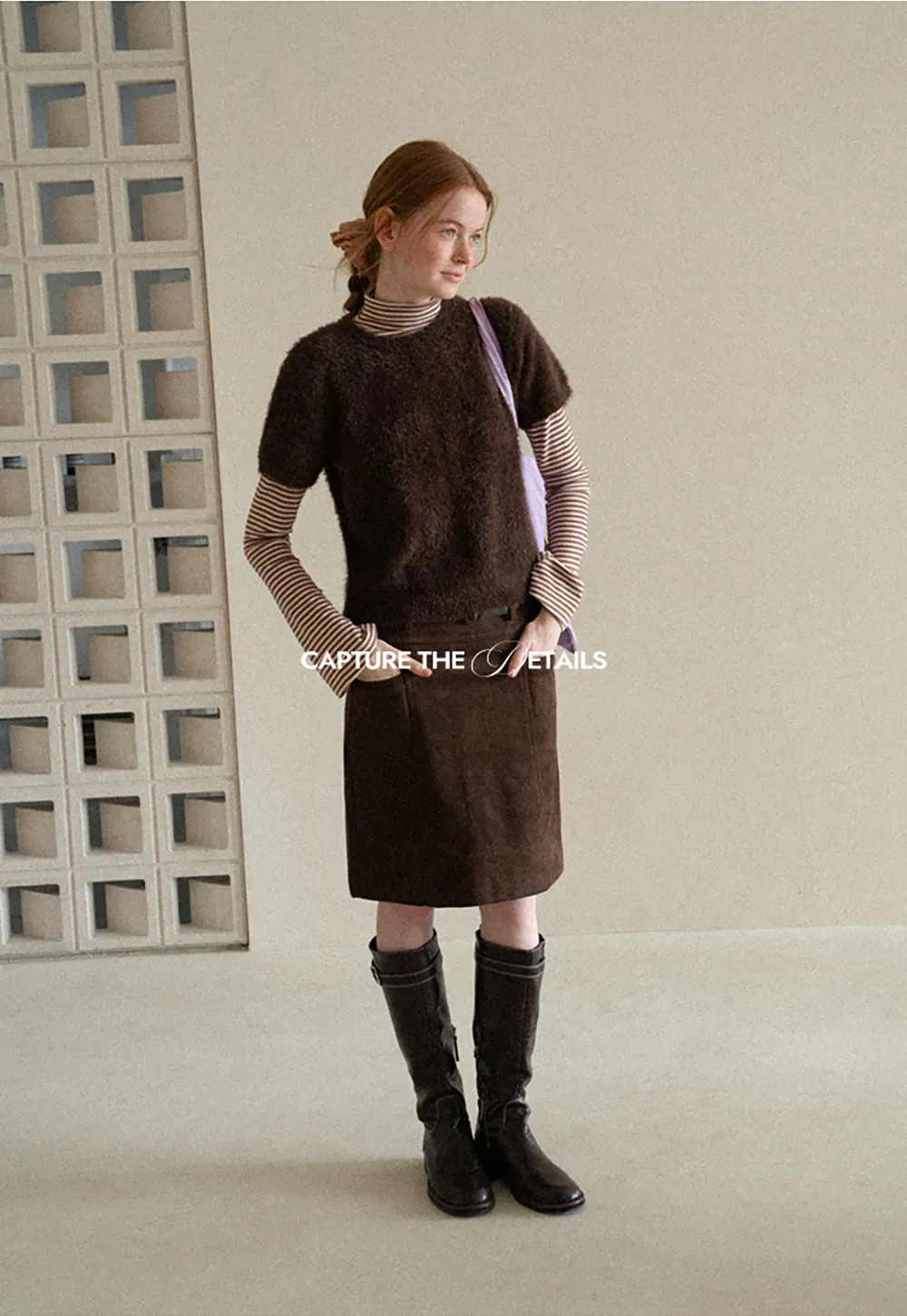 Fuzzy Bow Front Ribbed Turtleneck Sweater