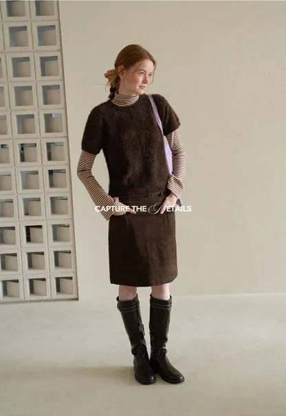 Fuzzy Bow Front Ribbed Turtleneck Sweater