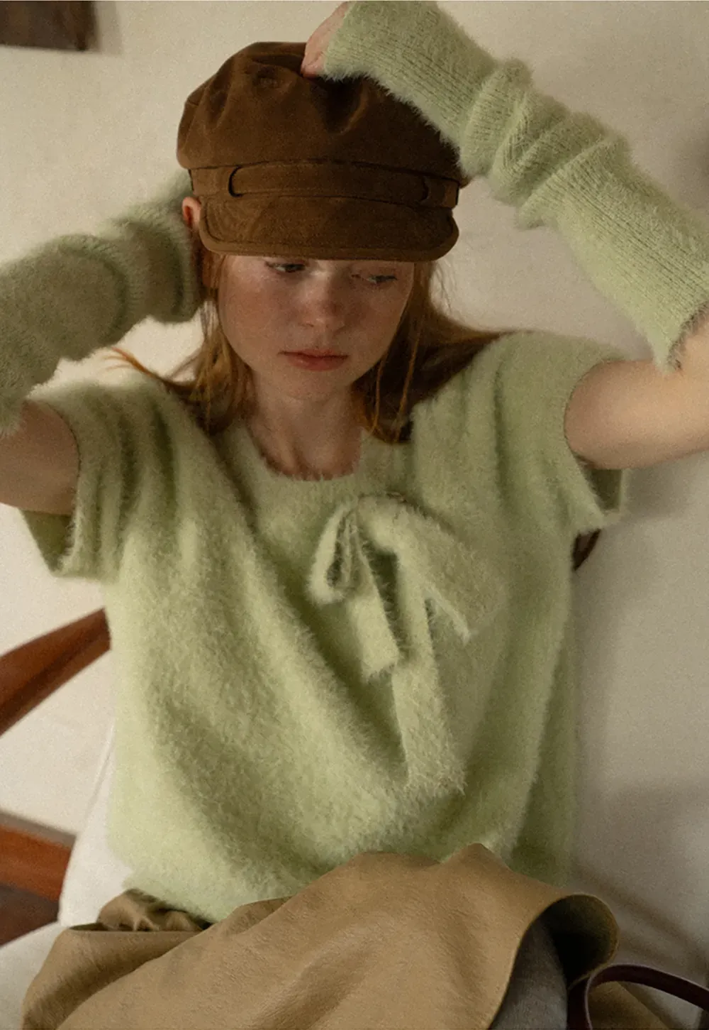 Fuzzy Bow Front Ribbed Turtleneck Sweater