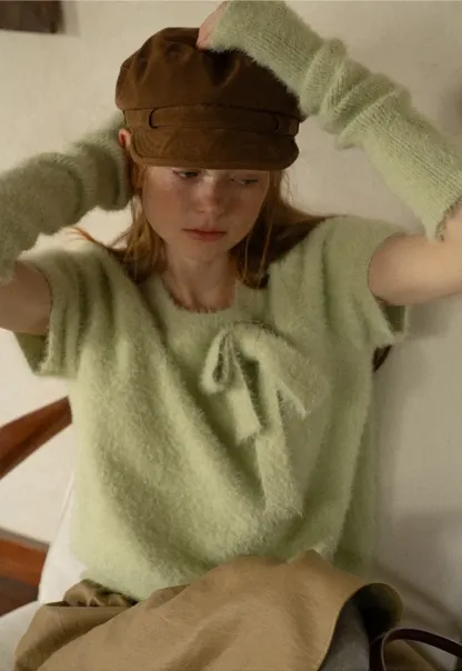 Fuzzy Bow Front Ribbed Turtleneck Sweater