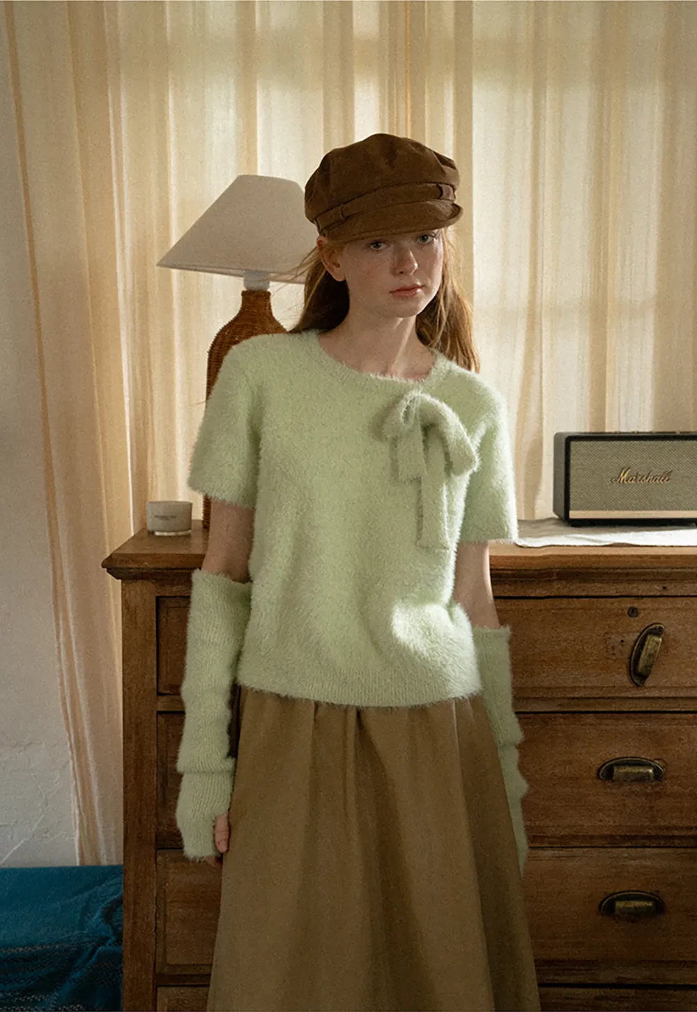Fuzzy Bow Front Ribbed Turtleneck Sweater