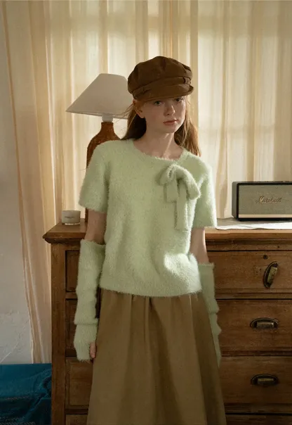 Fuzzy Bow Front Ribbed Turtleneck Sweater