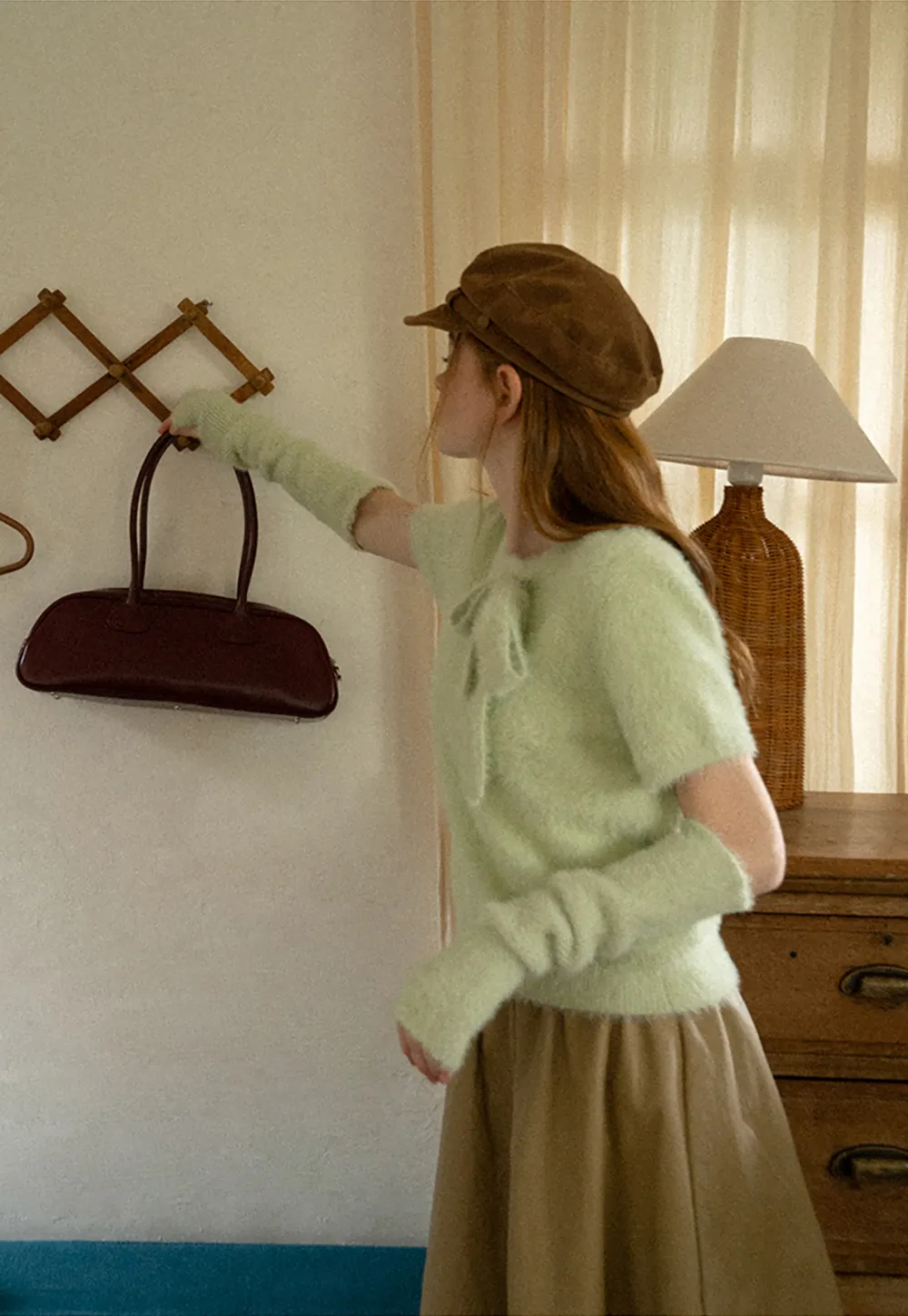 Fuzzy Bow Front Ribbed Turtleneck Sweater